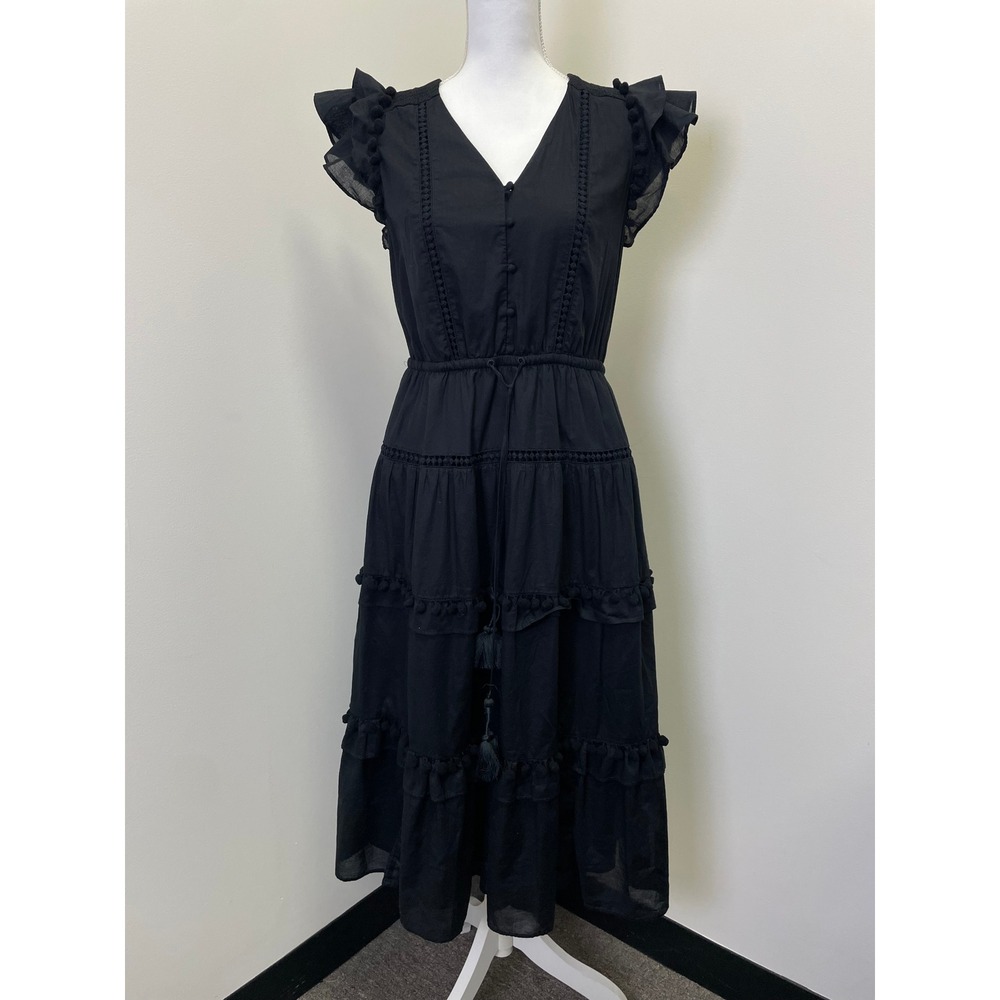 J.Crew Black Cotton Pom-Pom Tiered Midi Dress Flutter Sleeve 10 Bohemian